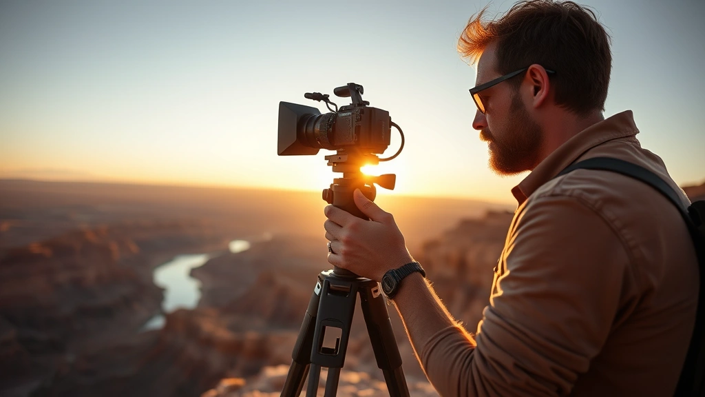 Independent filmmaker adjusting professional camera on tripod overlooking expansive desert landscape with Colorado River visible in golden hour light, wearing casual production attire, focused concentration on composition