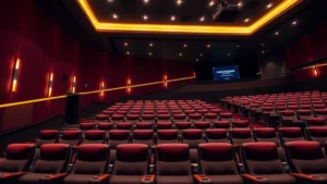 Modern cinema auditorium interior with comfortable stadium seating, warm ambient lighting, and professional projection system visible, showcasing theatrical presentation excellence and audience comfort