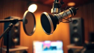 Close-up of recording studio microphone with sound equipment, warm lighting, professional music production environment, no visible text or screens
