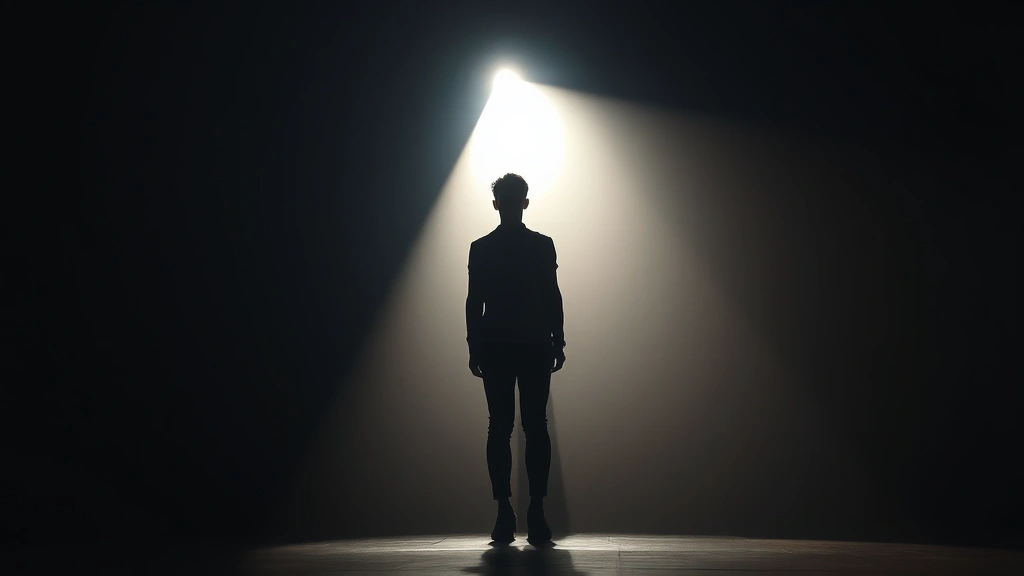 Silhouette of person in dramatic spotlight on dark stage, theatrical lighting, emotional intensity, cinematic composition, no identifiable features