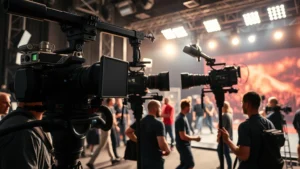High-energy film production set with professional cinema cameras mounted on crane equipment, multiple crew members in motion, bright studio lighting reflecting off metallic equipment, dynamic action scene preparation visible in background, cinematic depth of field, professional filmmaking environment