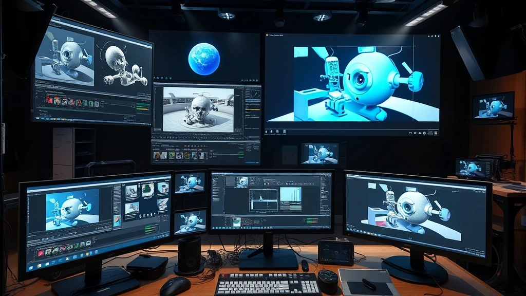 Digital visual effects render showing advanced CGI creation process, multiple monitor displays showing 3D modeling and animation software, professional color grading interface, visual effects studio workspace with technical equipment and cables, modern digital cinema technology environment