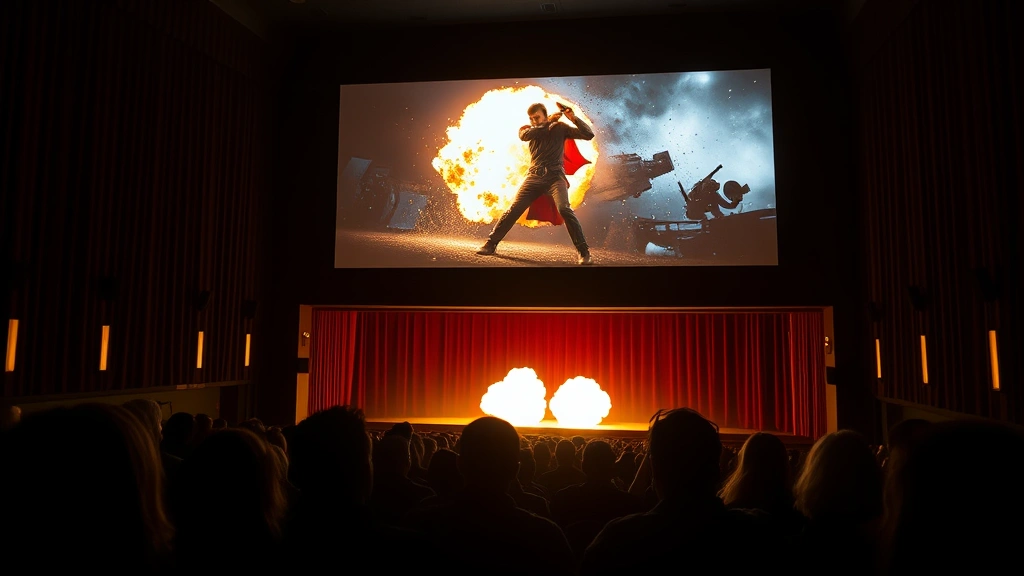 Movie theater interior during evening showing, audience members silhouetted against bright screen displaying explosive action sequence, dramatic lighting from screen illuminating theater, theatrical presentation experience, immersive cinema environment, packed auditorium atmosphere