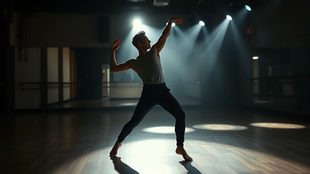 Professional male dancer in atmospheric studio lighting, mid-movement with dramatic shadows, contemporary dance studio setting with wooden floors and mirrored walls, artistic photography capturing physical grace and emotional expression