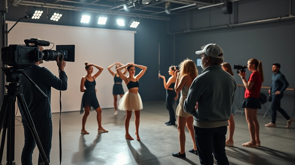 Film production scene showing choreography rehearsal, dancers and director collaborating in professional studio environment, cinema lighting setup, creative team interaction during dance sequence planning