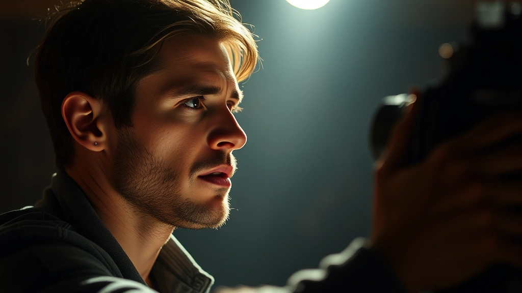 Cinematic moment of male actor performing dramatic scene with genuine emotional expression, theatrical lighting, intimate character study capturing vulnerability and strength, professional film production quality