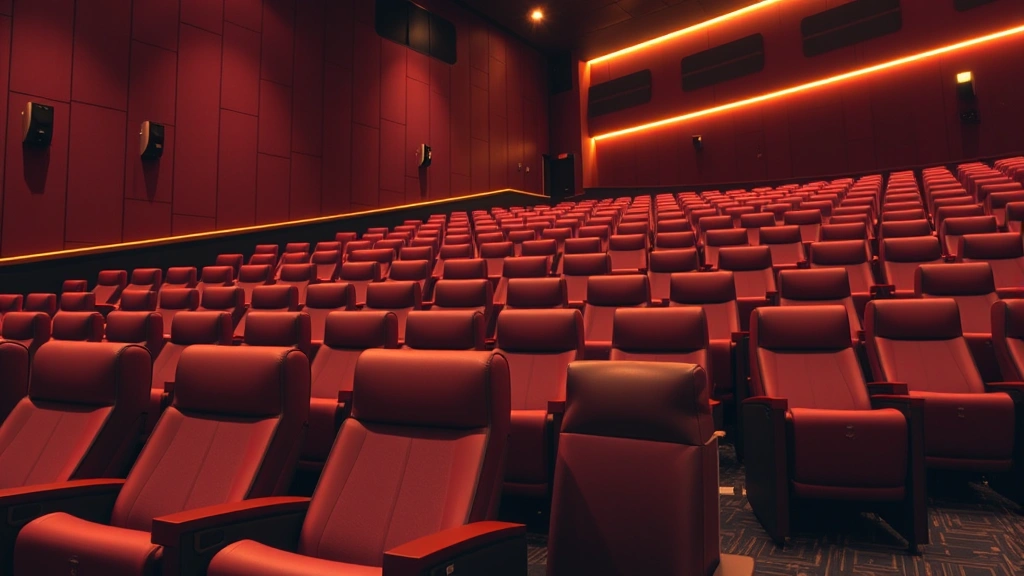 Modern movie theater interior with rows of comfortable reclining seats, warm lighting, and clean auditorium design, no screens visible, photorealistic cinema seating environment