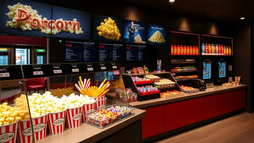 Contemporary theater concession counter displaying gourmet popcorn varieties, candy selections, and beverage options with modern fixtures, vibrant snack presentation, no text on products