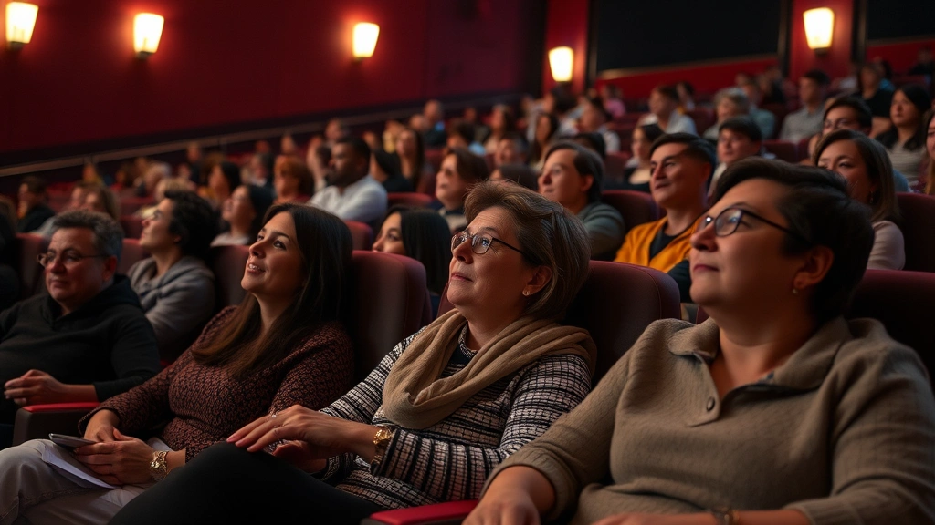 Cinema audience members enjoying film in comfortable seating, diverse group engaged in viewing, warm theater ambiance, focus on comfortable modern theater experience