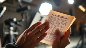 Weathered hands holding film script pages in bright studio lighting, close-up detail shot, cinematic depth of field, professional production environment, authentic documentary style