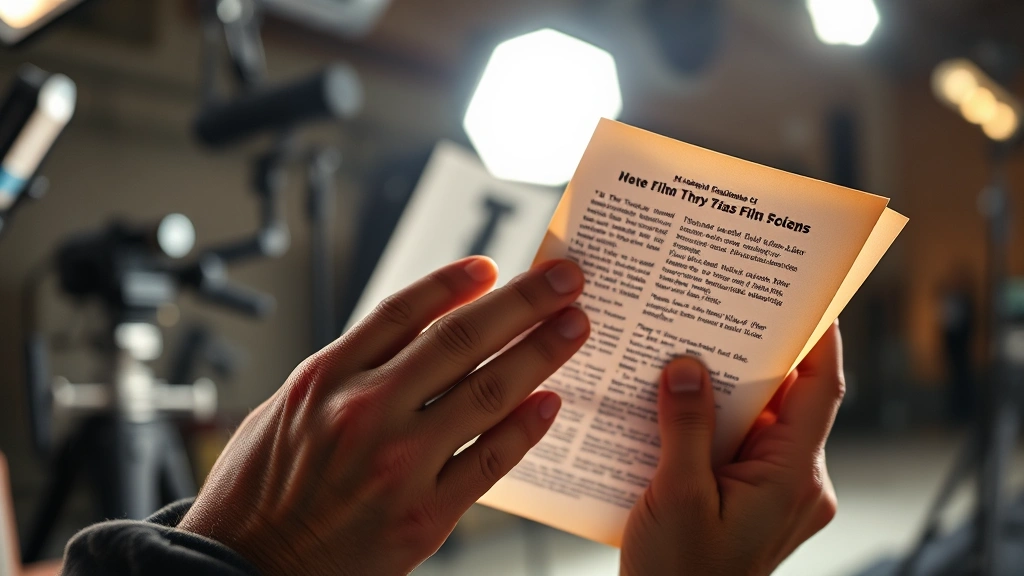 Weathered hands holding film script pages in bright studio lighting, close-up detail shot, cinematic depth of field, professional production environment, authentic documentary style