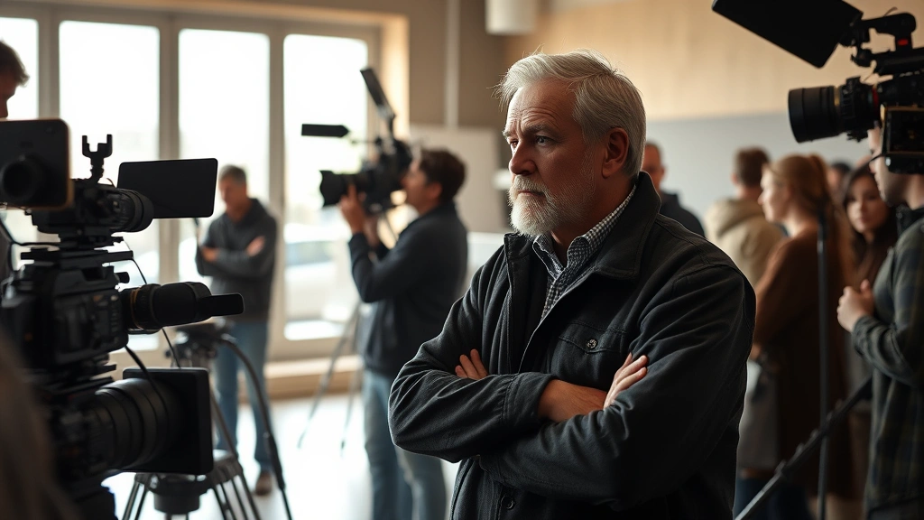 Film director and older male actor in serious discussion on movie set, surrounded by camera equipment and crew members, natural daylight through large windows, collaborative creative atmosphere