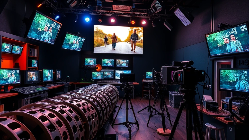 Rows of film reels and editing equipment in modern post-production studio, colorful monitor screens displaying footage, professional broadcast lighting, contemporary digital filmmaking setup