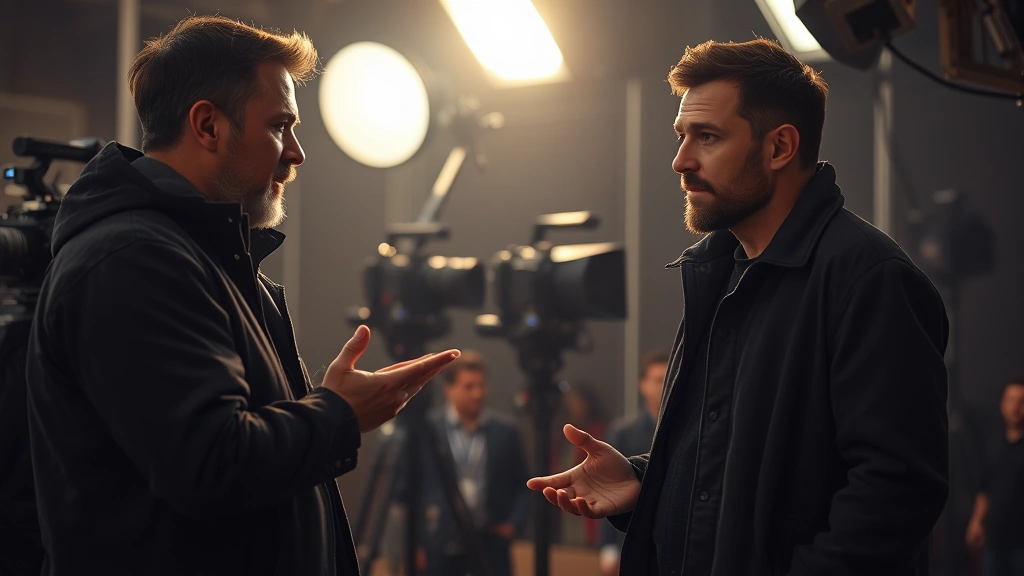 A film director and male actor having an intense discussion on a movie set with professional lighting equipment and camera rigs visible in the background, both deeply engaged in creative conversation