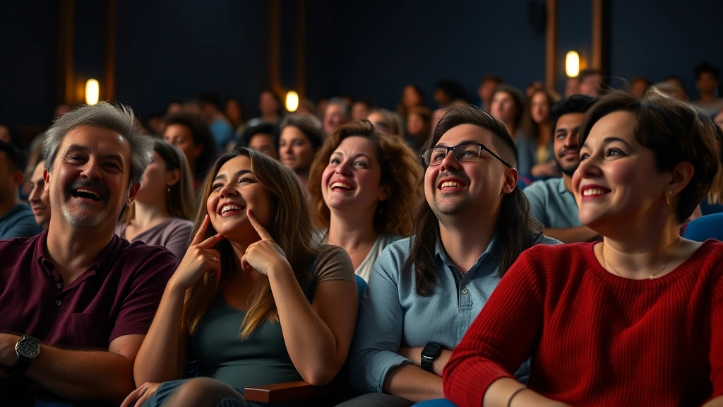 A diverse audience in a modern movie theater reacting with genuine emotions—some laughing, some moved to tears—during a film screening, showing the emotional power of cinema