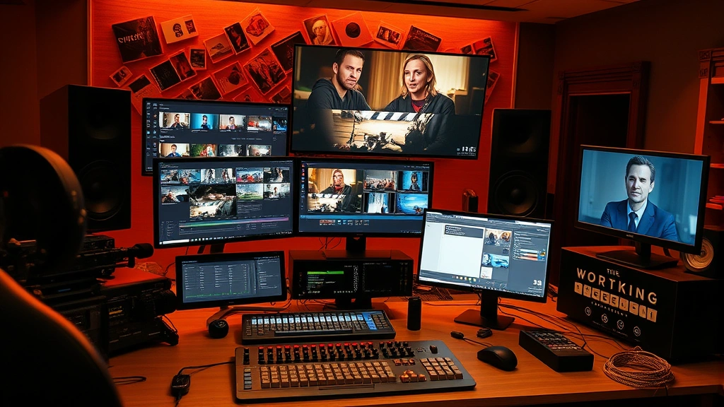 A film editing workstation with multiple monitors displaying color-graded footage, professional editing software interface, and creative tools representing the technical artistry behind acclaimed performances