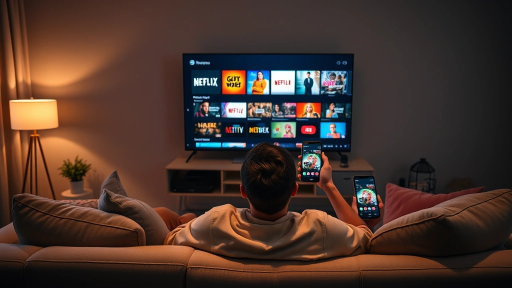 Wide cinematic shot of a person sitting on modern couch in living room with multiple streaming app logos glowing on a large smart TV screen, tablet, and phone simultaneously showing different content libraries, warm ambient lighting, photorealistic, emphasizing digital content fragmentation