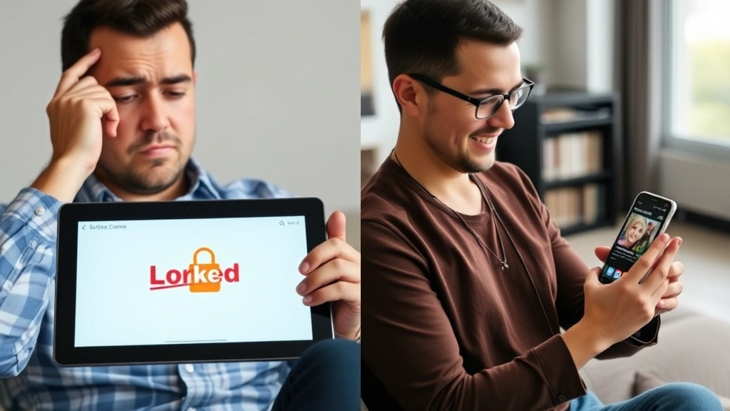 Split-screen composition showing frustrated viewer on left side looking at locked content icon on tablet screen, right side showing same viewer happily browsing available content on library app, modern minimalist aesthetic, professional photography, representing legal access solutions