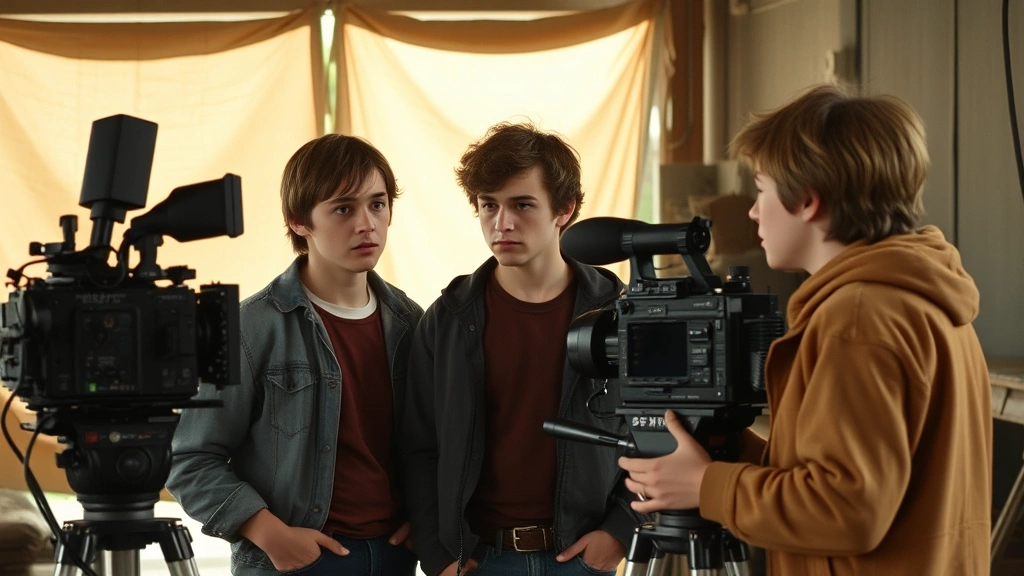 1980s film production set with young actors in dramatic scene, natural lighting, vintage camera equipment visible, authentic period atmosphere, photorealistic detail