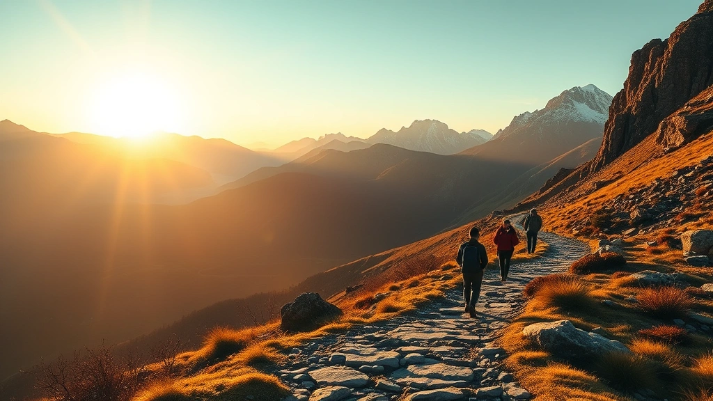 Modern spiritual pilgrimage journey landscape with walking figures on scenic mountain path, golden hour lighting, contemplative atmosphere, authentic outdoor setting, photorealistic composition