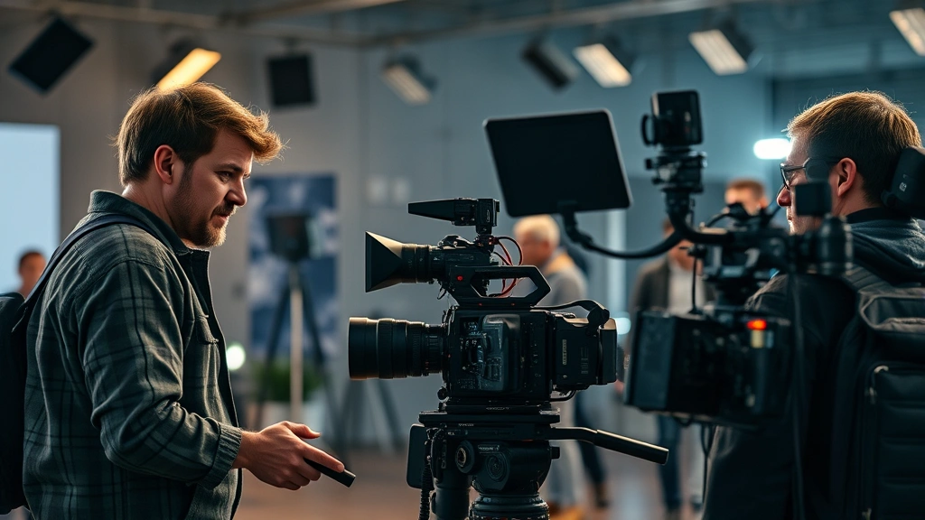 Contemporary film director working with camera crew on set, professional cinema equipment, collaborative creative environment, focused artistic direction, photorealistic production quality