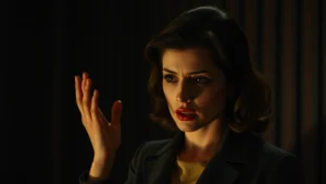 Professional actress performing intense emotional scene in dimly lit dramatic setting, film noir aesthetic, 1990s cinema style, focused expression, sophisticated costume, cinematic lighting