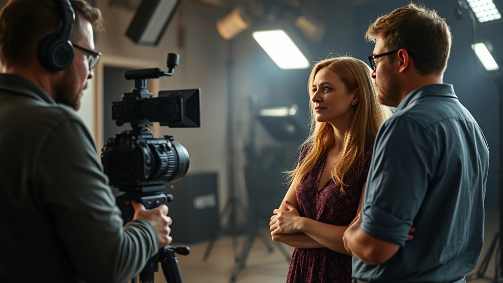Film production scene with actress in conversation with director on set, professional movie production environment, studio lighting equipment visible, collaborative creative moment, dramatic tension in composition