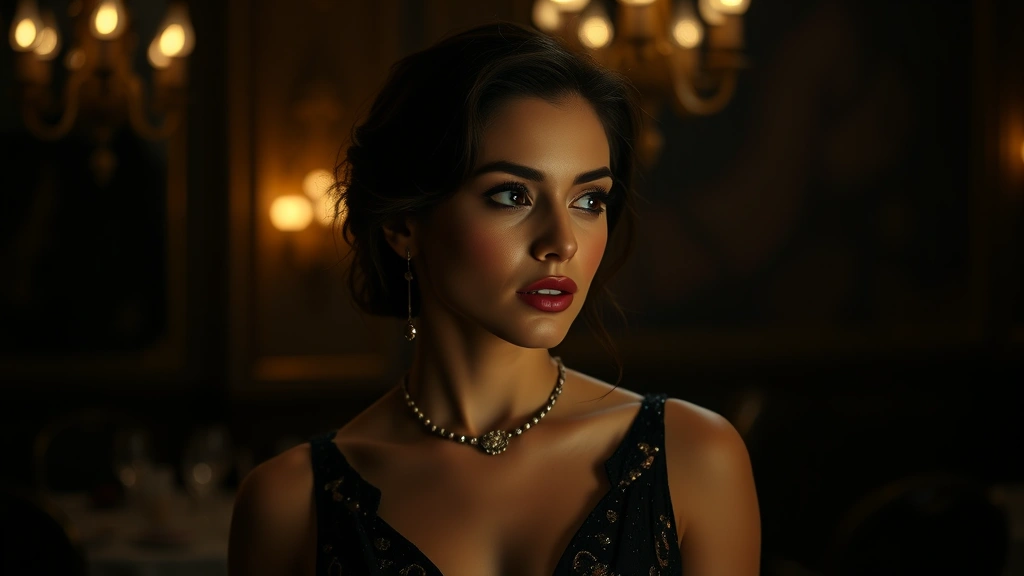 Actress in elegant evening wear, sophisticated cinematography, moody atmospheric lighting, classic Hollywood glamour aesthetic, contemplative expression, premium production quality