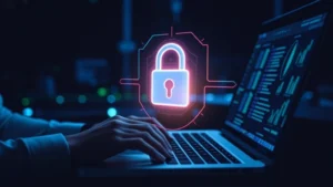 Digital security concept: person using laptop with glowing padlock shield icon floating above keyboard, cybersecurity protection visualization, dark modern aesthetic with blue and green accent lighting, no text or interface elements visible