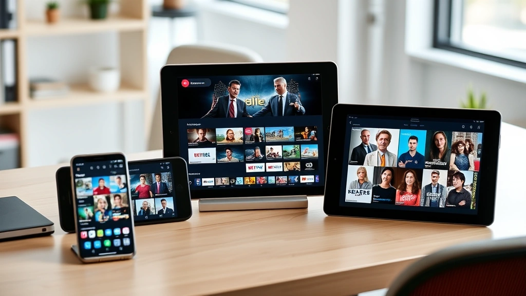 Streaming service comparison visualization: multiple smartphone and tablet screens displaying different legitimate streaming apps arranged on modern desk workspace, natural lighting, professional environment, no app names or text visible on screens