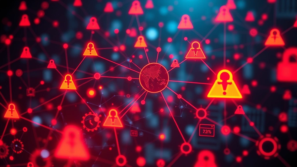Cybersecurity threat illustration: abstract digital malware visualization with interconnected network nodes and warning indicators, representing data theft and privacy breach concepts, modern digital art style with red and orange warning tones, no readable text