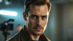 Professional male actor in dramatic lighting, serious expression, modern film set background, cinematic depth of field, authentic character intensity