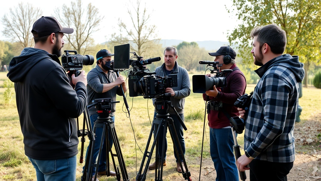 Film production scene with multiple crew members, cameras and professional equipment, on-set dynamics, natural lighting setup, cinematic environment