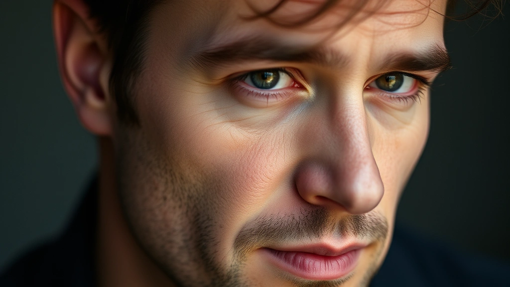 Close-up portrait of contemplative male actor, subtle emotional expression, professional headshot style, natural lighting, introspective mood