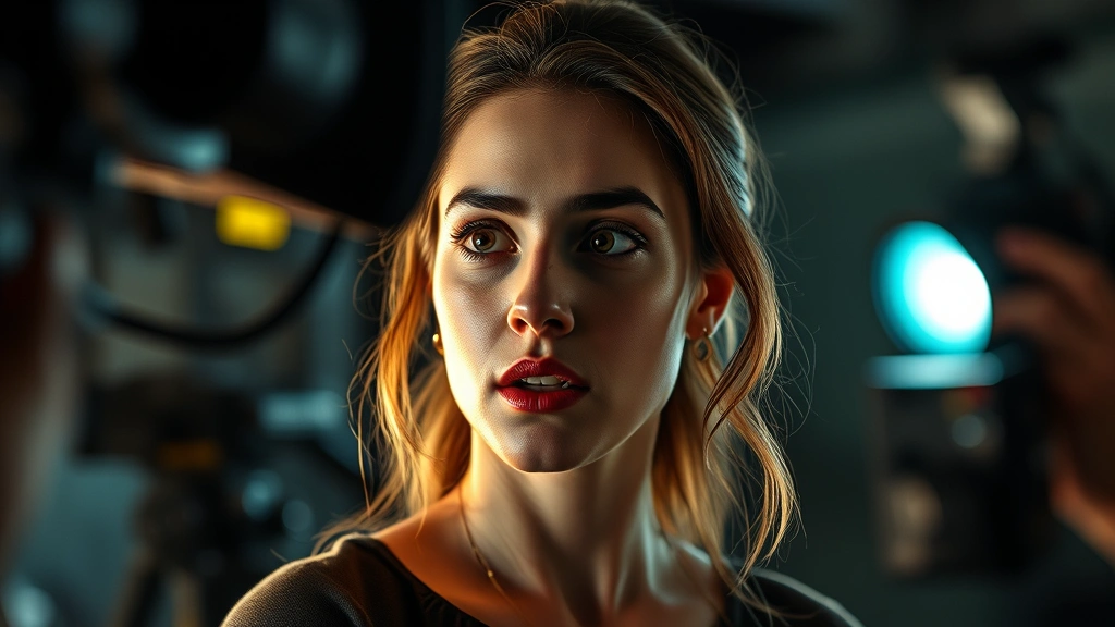 Professional female actor in dramatic scene, intense emotional expression, sophisticated lighting setup, film production environment, shallow depth of field, cinematic color grading