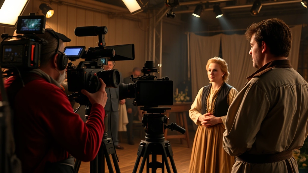 Film set during production with cameras and crew visible, actor performing dramatic scene, period costume visible, professional cinematography equipment, behind-the-scenes documentary style, warm studio lighting
