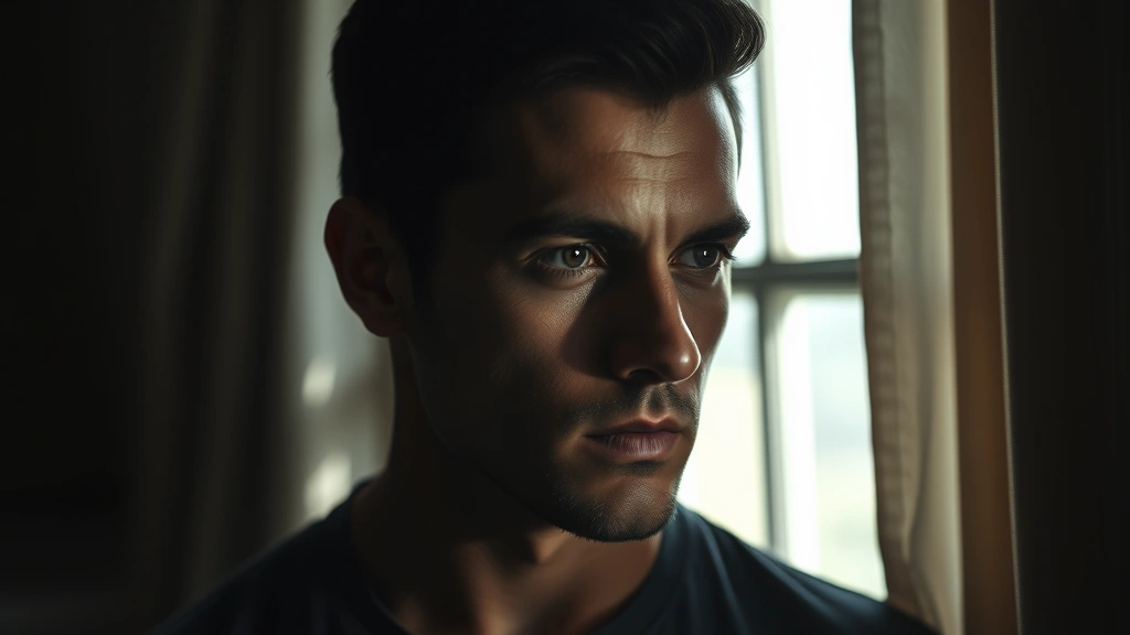 Actor in contemplative moment, window light creating dramatic shadows on face, interior setting suggesting character depth, film noir aesthetic, professional headshot quality, artistic composition emphasizing emotional nuance