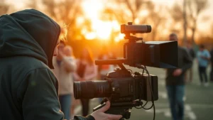 Professional filmmaker operating camera equipment outdoors at golden hour, soft natural lighting, diverse production crew visible in blurred background, cinematic depth of field, modern documentary-style setup