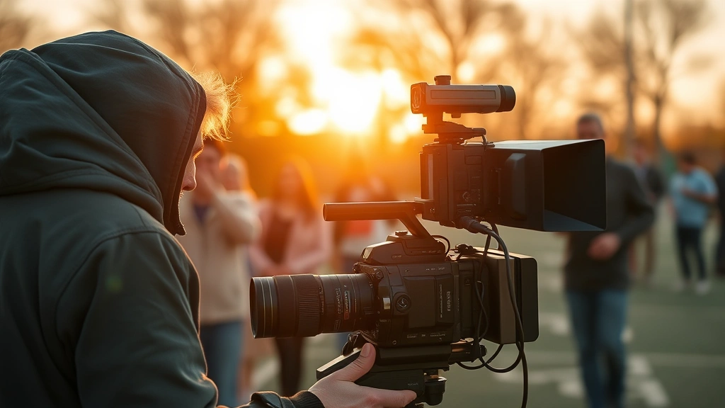 Professional filmmaker operating camera equipment outdoors at golden hour, soft natural lighting, diverse production crew visible in blurred background, cinematic depth of field, modern documentary-style setup