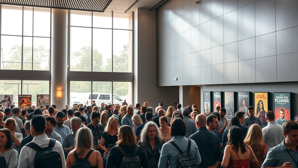 Film festival crowd gathered in modern theater lobby with diverse attendees viewing promotional posters, natural window lighting, contemporary venue architecture, people engaged in conversation, artistic but photorealistic