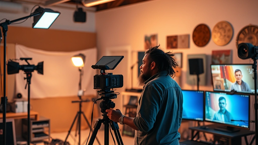 Indigenous artist working in creative studio space with lighting equipment, color grading monitors, and production materials visible, warm professional lighting, focused work environment, modern filmmaking technology