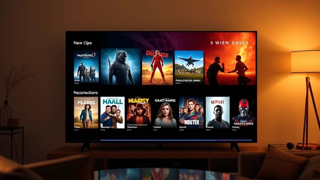 Digital streaming interface displaying colorful movie thumbnails and recommendation cards on a modern smart TV screen, warm living room lighting, no visible text or UI elements