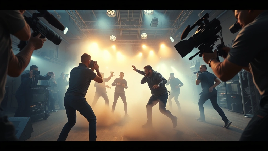 Cinematic action sequence with dynamic camera angles capturing intense movement and dramatic lighting in a modern digital production environment, wide shot perspective