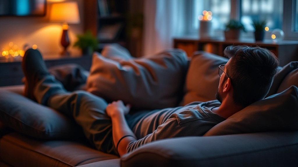 Person relaxing on comfortable couch with streaming device interface glowing, surrounded by ambient lighting and cozy weekend atmosphere, no text visible on screen