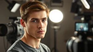 Young male actor in professional studio lighting during film production, looking intensely at camera, modern cinema equipment visible in soft focus background, professional headshot quality