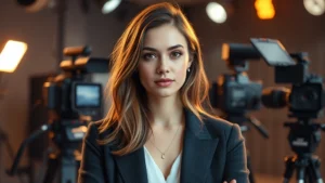 Professional female actor in modern film studio setting with cinematography equipment, warm studio lighting, sophisticated atmosphere, focused and composed expression, digital cinema cameras visible in background
