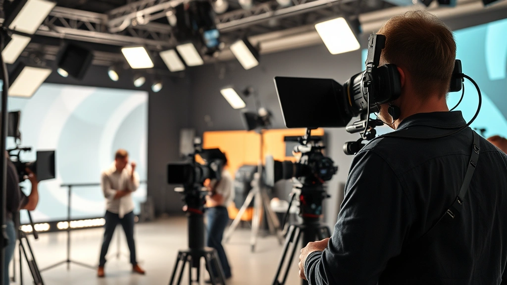 Contemporary television production set with multiple cameras and professional lighting rigs, actor in dramatic scene preparation, crew working in background, modern broadcast quality setup, professional entertainment industry environment