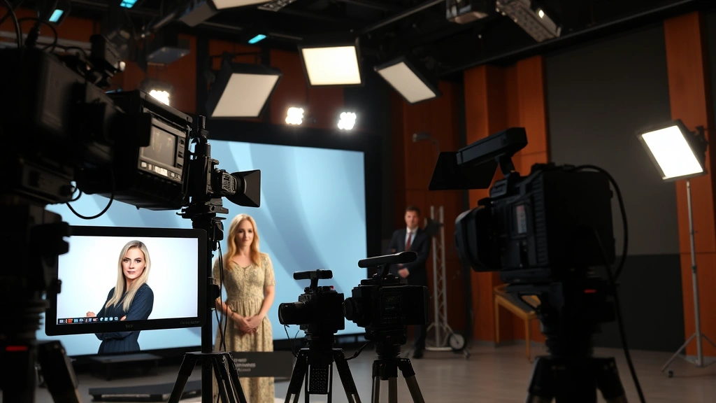 Professional television studio setting with modern lighting equipment and cameras, showing an actress in character during a dramatic scene, photorealistic studio environment
