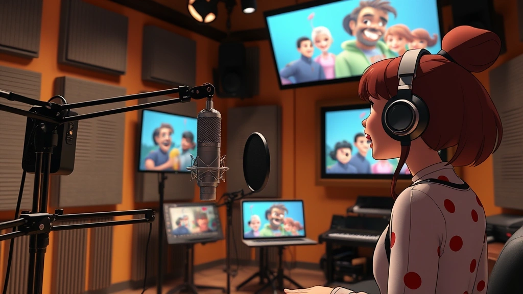 Animation recording studio with voice actress at professional microphone setup, acoustic panels visible, digital screens showing animated characters, photorealistic technical environment