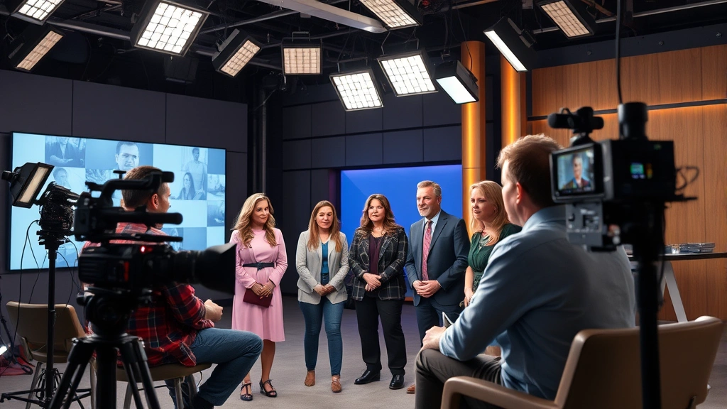 Television production set with ensemble cast members during a comedic scene, professional lighting and cinematography equipment visible, modern broadcast studio aesthetic